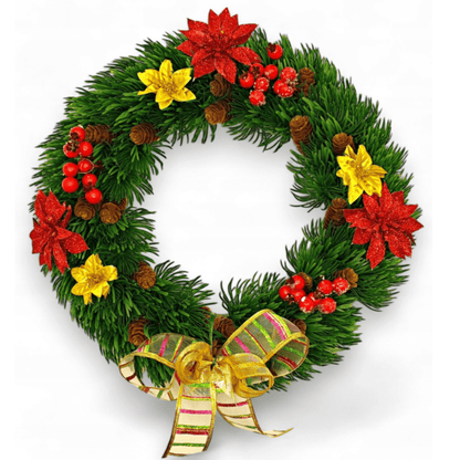 Rankų darbo Kalėdų vainikas su kankorėžiais ir šermukšniais ant sienos