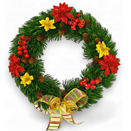 Rankų darbo Kalėdų vainikas su kankorėžiais ir šermukšniais ant sienos