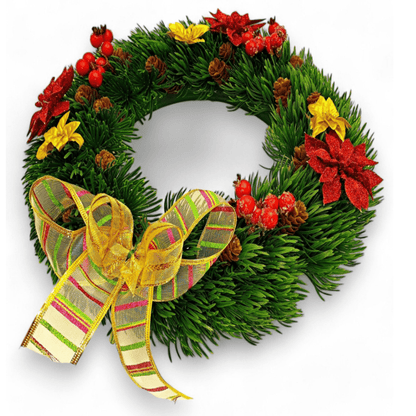 Kalėdinė durų dekoracija – žalias vainikas su raudonais akcentais 38 cm