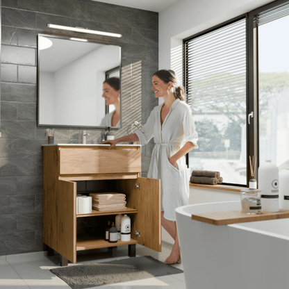 Vonios spintelė su matine apdaila ir keramine kriaukle, 60 cm