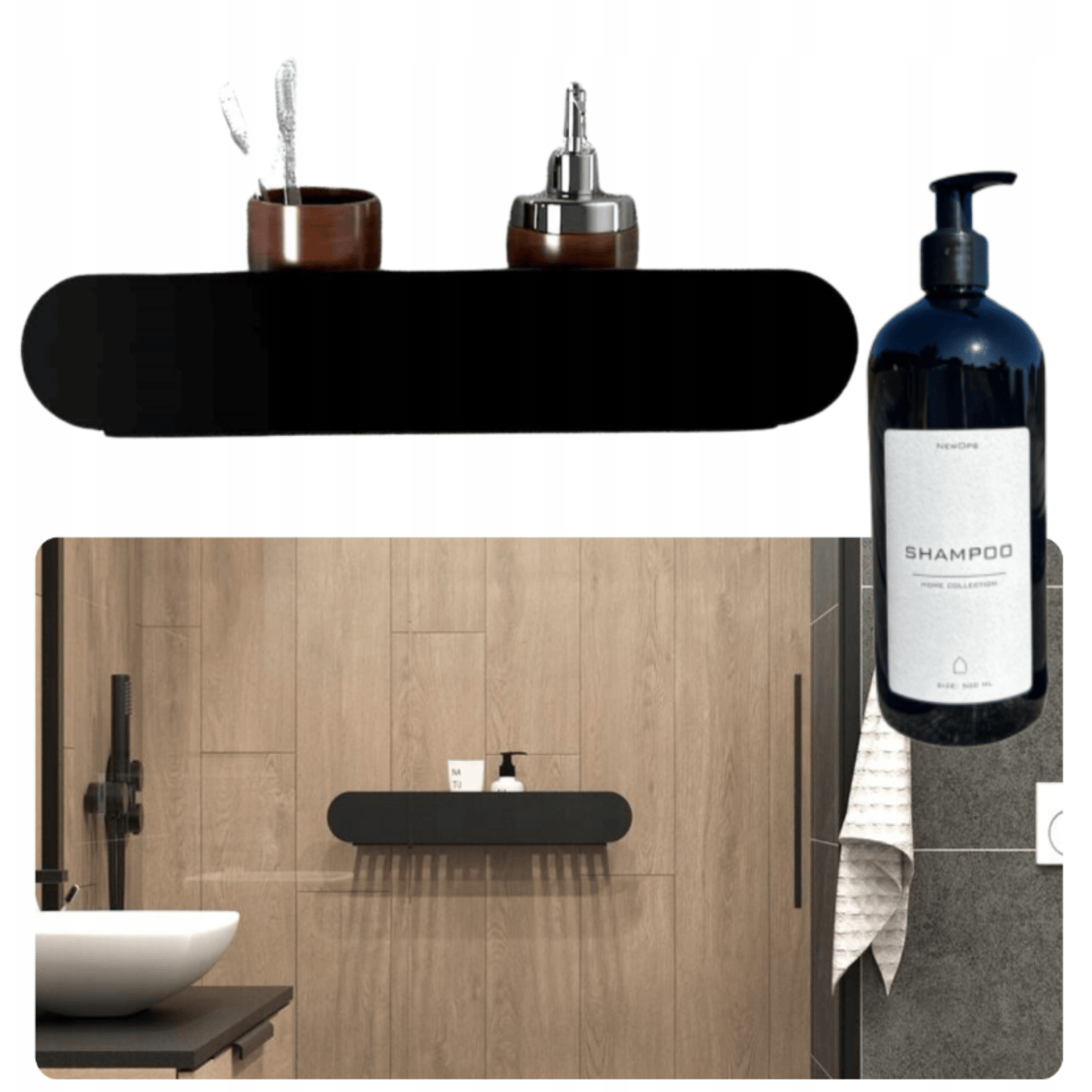 Juoda metalinė 38 cm dušo lentyna minimalistiniam vonios kambariui