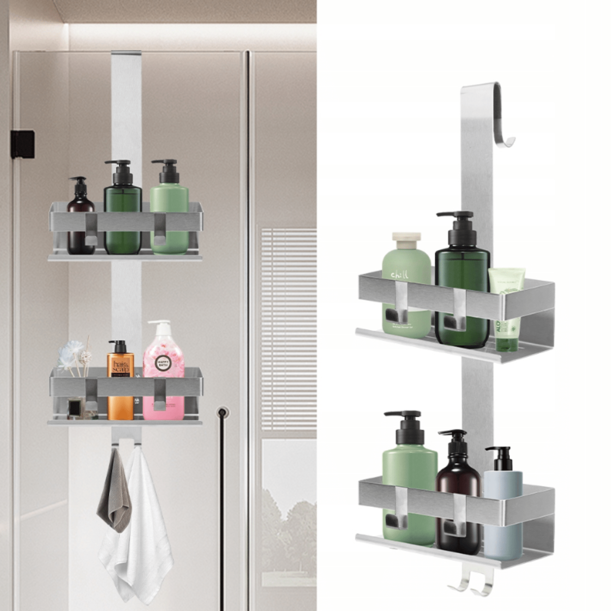 Dušo reikmenų laikiklis kabinamas ant 12 mm stiklo durų