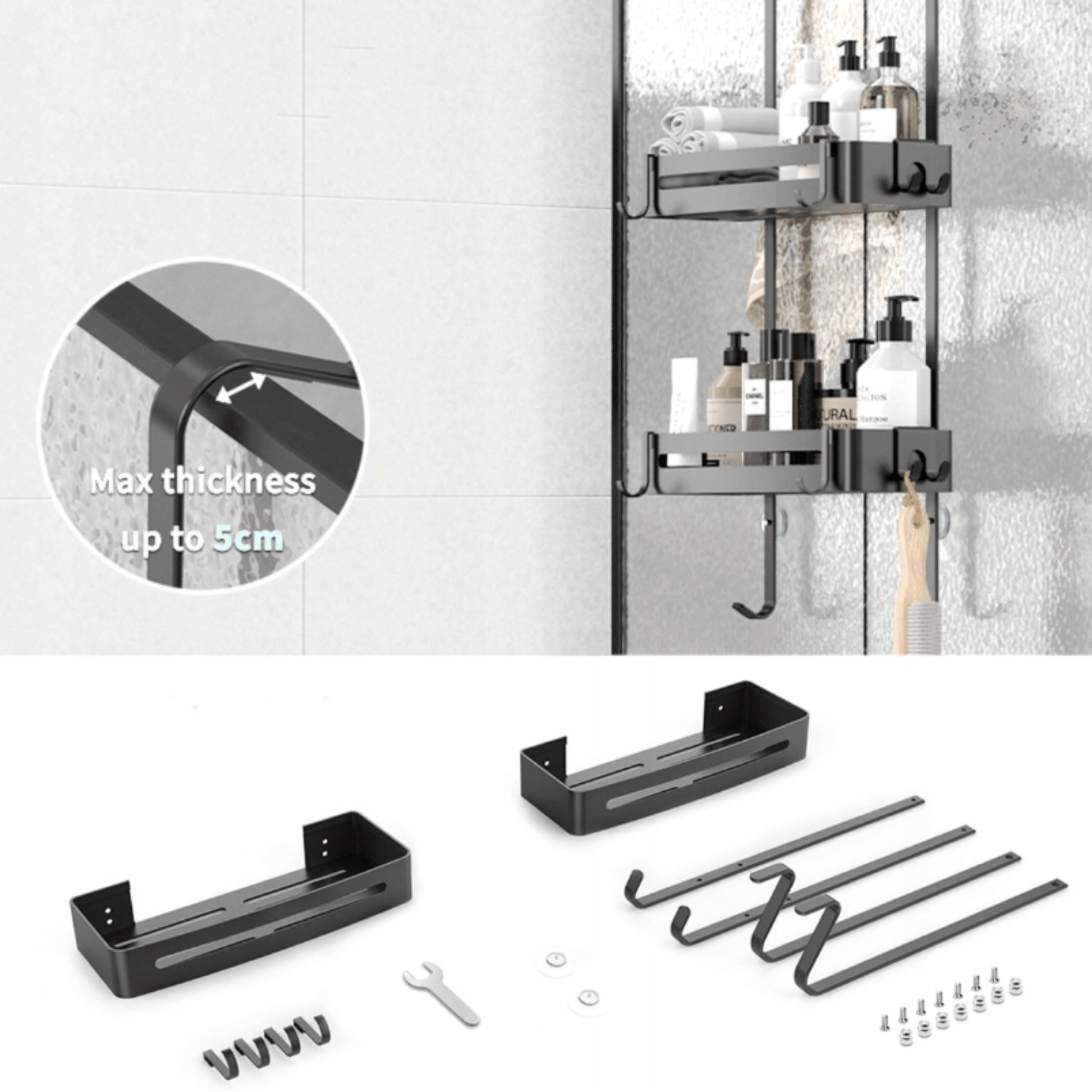 Dviejų lygių vonios lentyna su kabliukais rankšluosčiams BOTC
