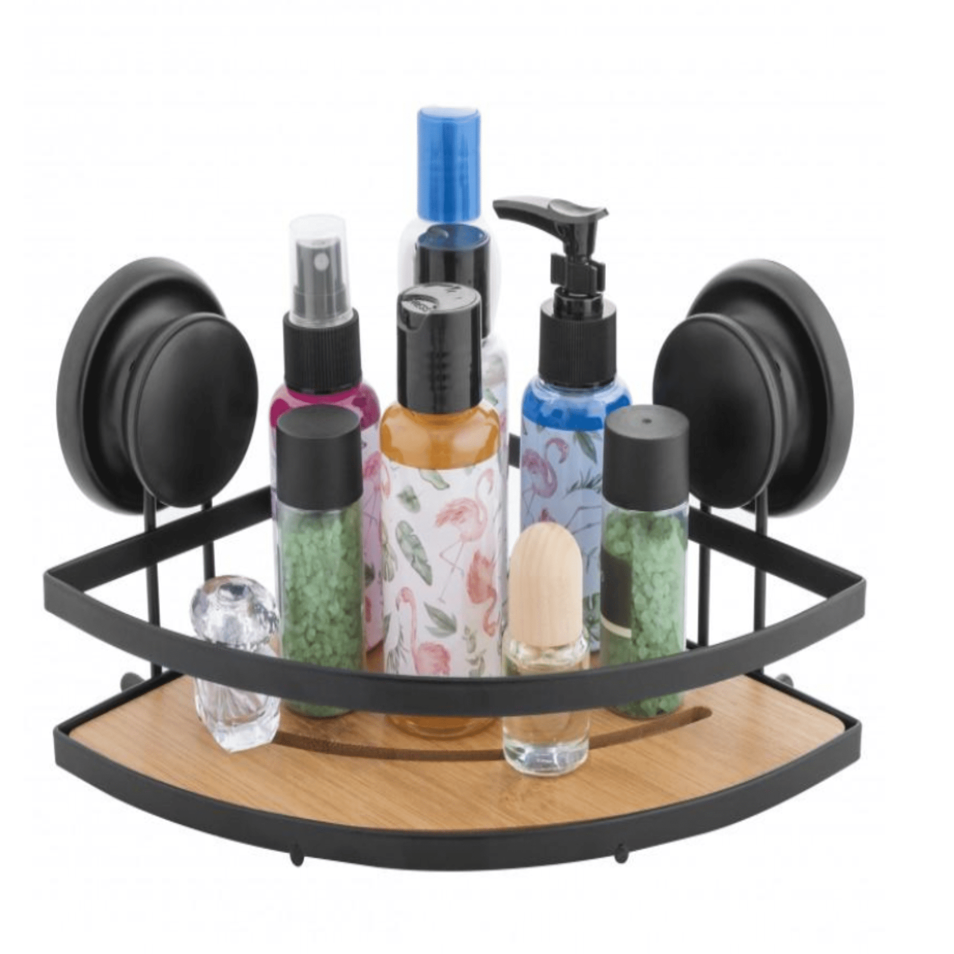 Ruda kampinė lentynėlė dušui – tvirta konstrukcija ir natūrali bambuko detalė