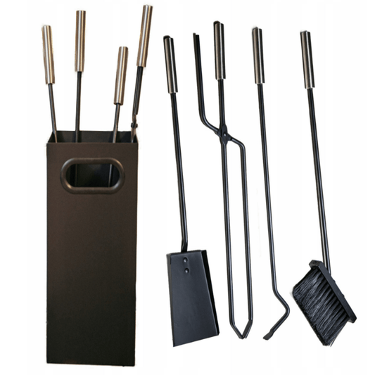 Kokybiškas 5in1 židinio priedų komplektas iš milteliniu būdu dažyto plieno, skirtas židinio priežiūrai